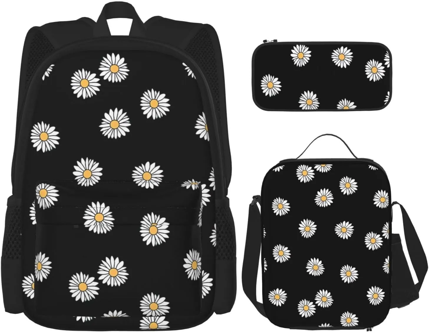 Green Daisy Aesthetic Backpack Lunch Box Multifunction Case 3pcs Sets Large Capacity Shoulders Bag Laptop Daypack Insulated Lunch Bag Travel Back Pack
