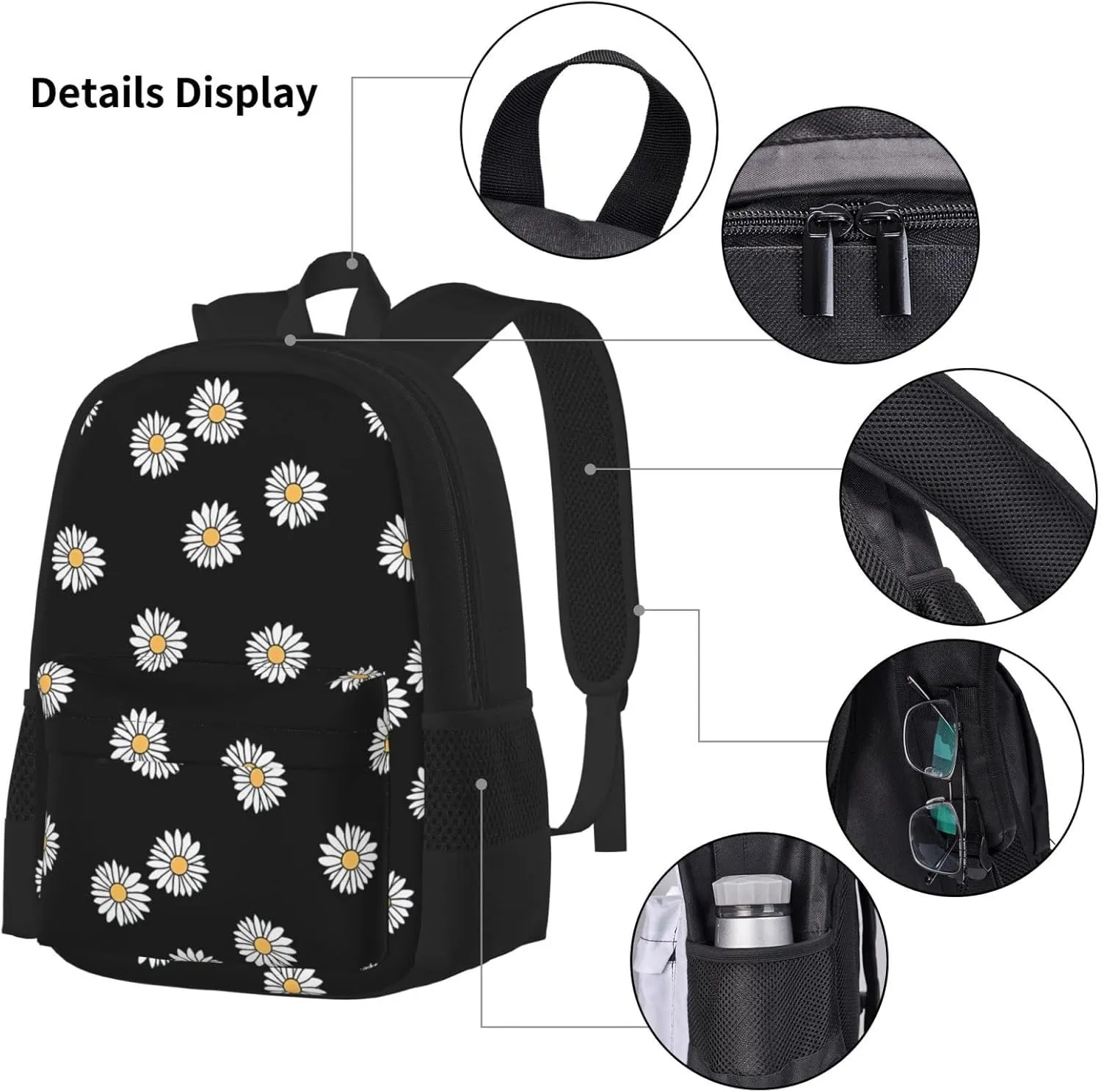 Green Daisy Aesthetic Backpack Lunch Box Multifunction Case 3pcs Sets Large Capacity Shoulders Bag Laptop Daypack Insulated Lunch Bag Travel Back Pack