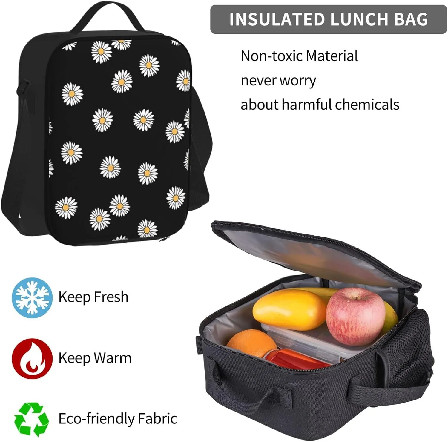 Green Daisy Aesthetic Backpack Lunch Box Multifunction Case 3pcs Sets Large Capacity Shoulders Bag Laptop Daypack Insulated Lunch Bag Travel Back Pack