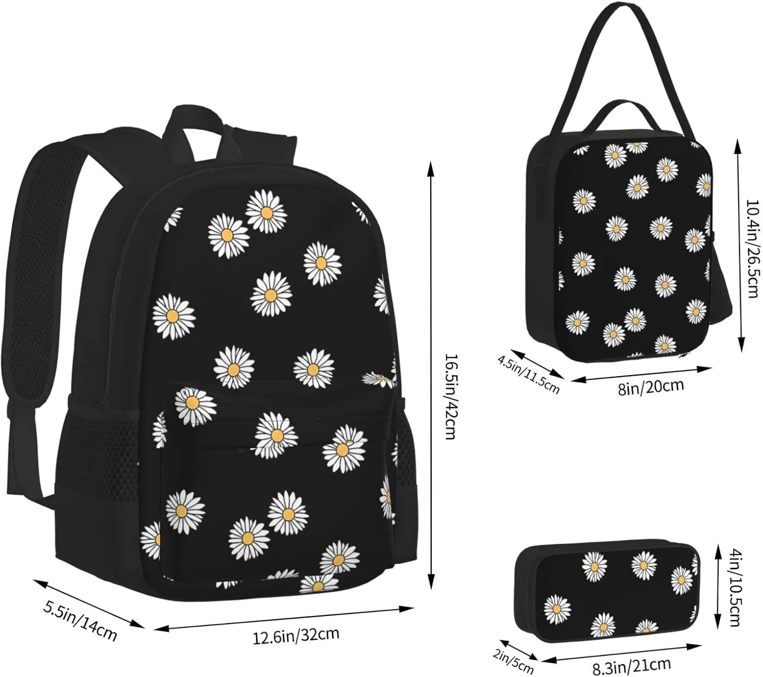 Green Daisy Aesthetic Backpack Lunch Box Multifunction Case 3pcs Sets Large Capacity Shoulders Bag Laptop Daypack Insulated Lunch Bag Travel Back Pack