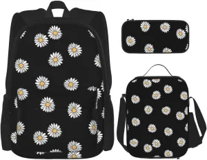 Green Daisy Aesthetic Backpack Lunch Box Multifunction Case 3pcs Sets Large Capacity Shoulders Bag Laptop Daypack Insulated Lunch Bag Travel Back Pack