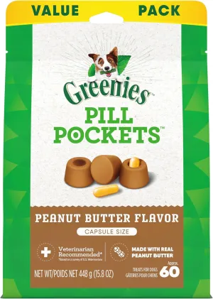 Greenies Pill Pockets Large Size Soft Dog Treats for Capsules, with Real Peanut Butter, Made with Natural Ingredients Plus Minerals & Trace Nutrients, 15.8 oz. (60 Count, Pack of 1)