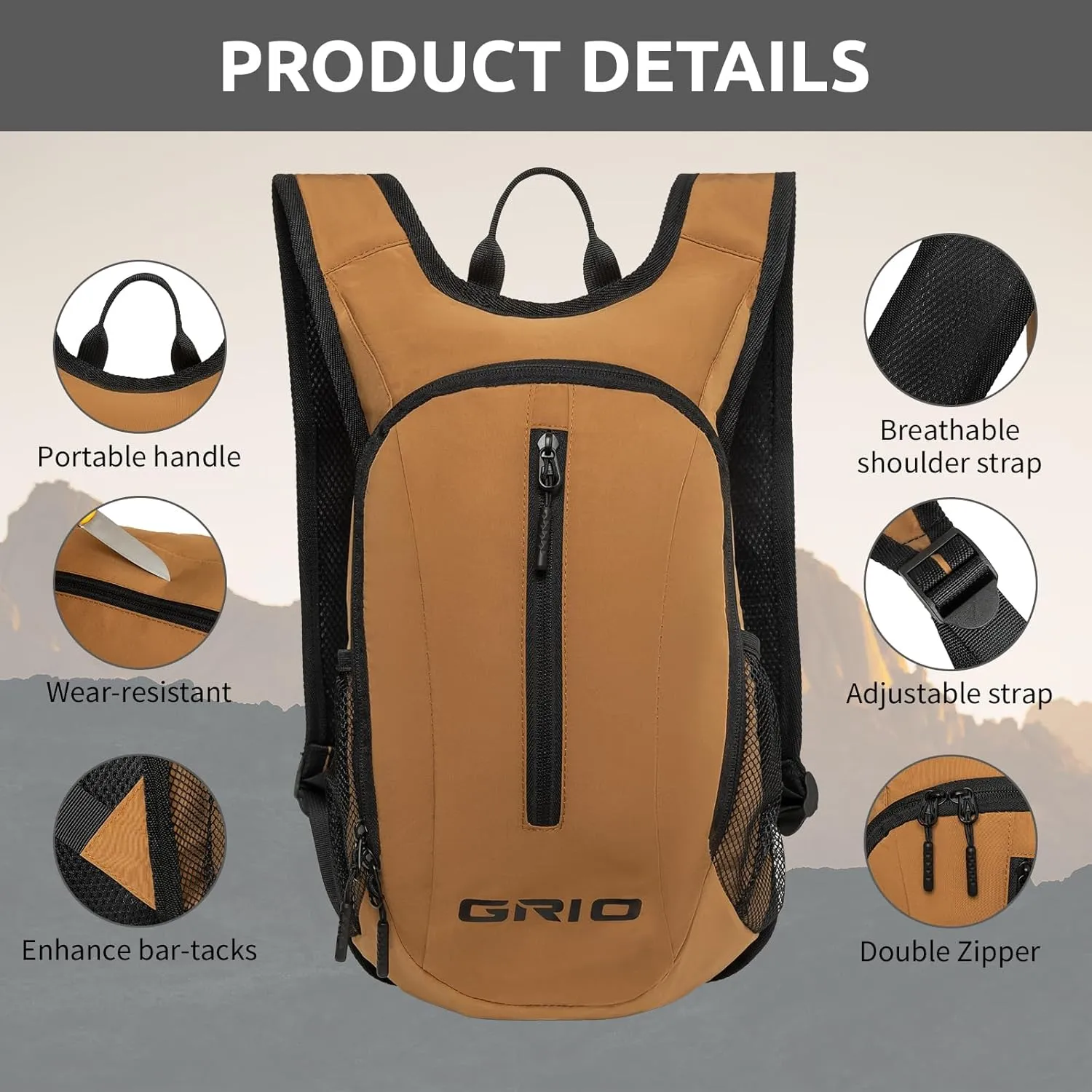 GRIO Lightweight Packable Daypack for Women Men, 15L Hiking Backpack, Water Resistant Daypack (khaki)