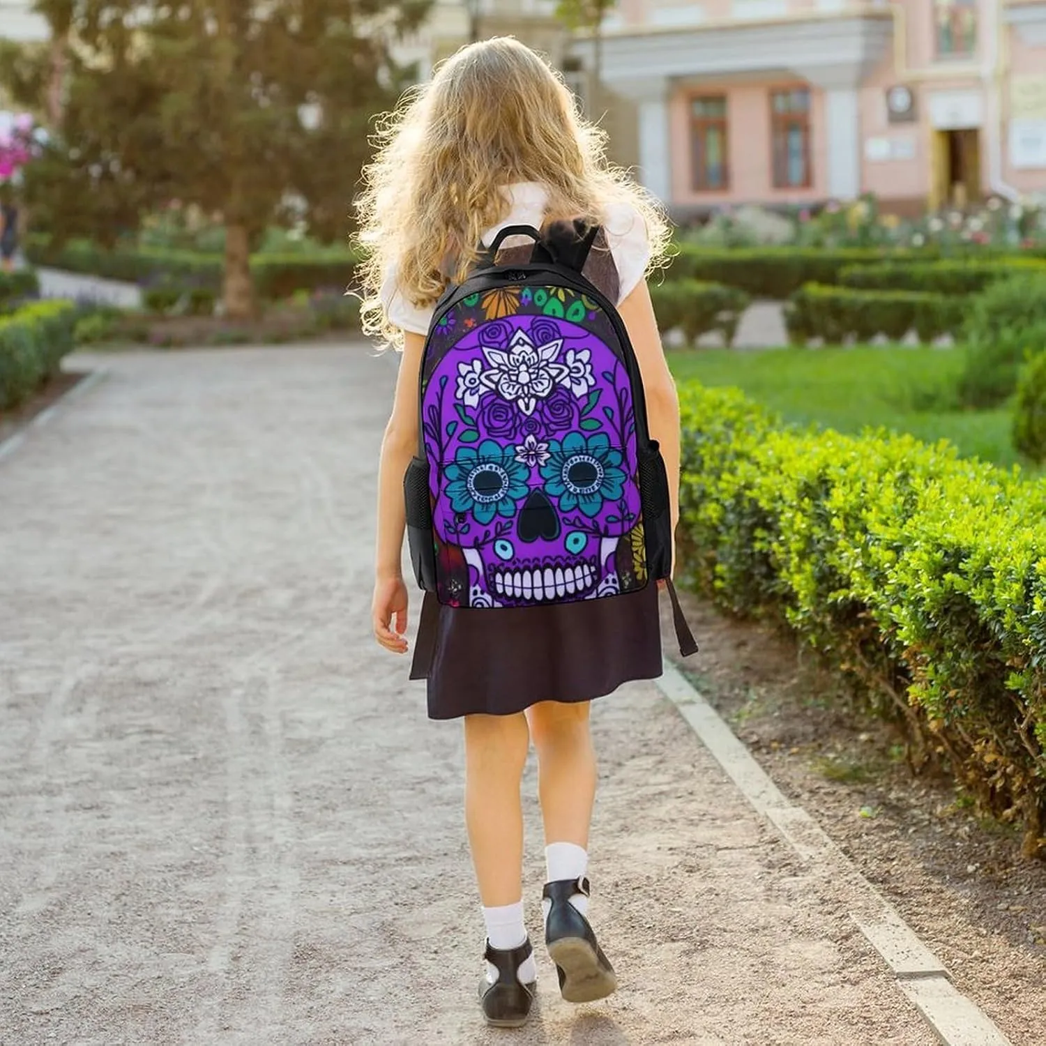 Grunge Mexican Sugar Skulls Day Of The Dead Flowers Art Backpack Polyester Anti-Theft Multipurpose Bookbag Large Capacity Laptop Book Bag Rucksack With Side Pockets