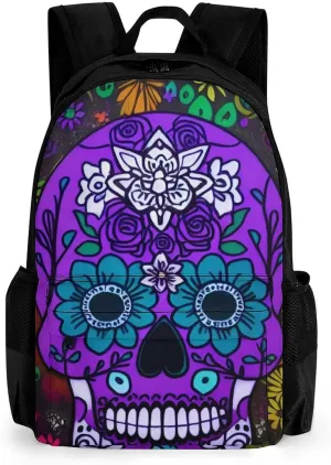 Grunge Mexican Sugar Skulls Day Of The Dead Flowers Art Backpack Polyester Anti-Theft Multipurpose Bookbag Large Capacity Laptop Book Bag Rucksack With Side Pockets