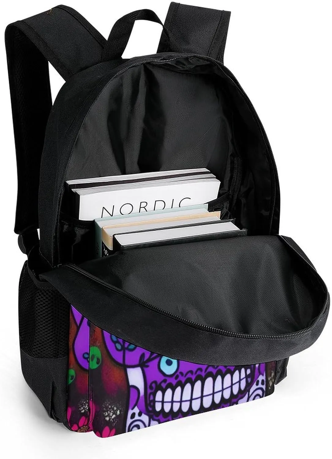 Grunge Mexican Sugar Skulls Day Of The Dead Flowers Art Backpack Polyester Anti-Theft Multipurpose Bookbag Large Capacity Laptop Book Bag Rucksack With Side Pockets
