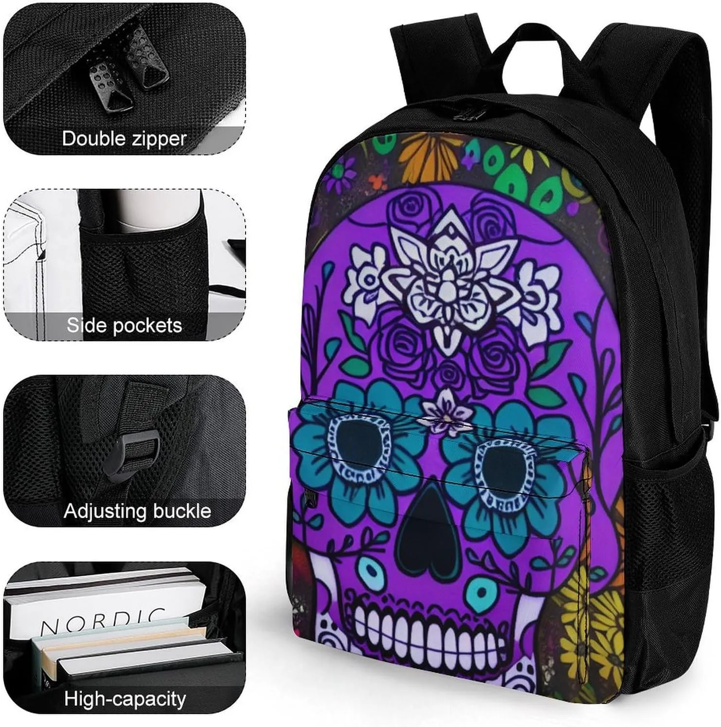 Grunge Mexican Sugar Skulls Day Of The Dead Flowers Art Backpack Polyester Anti-Theft Multipurpose Bookbag Large Capacity Laptop Book Bag Rucksack With Side Pockets