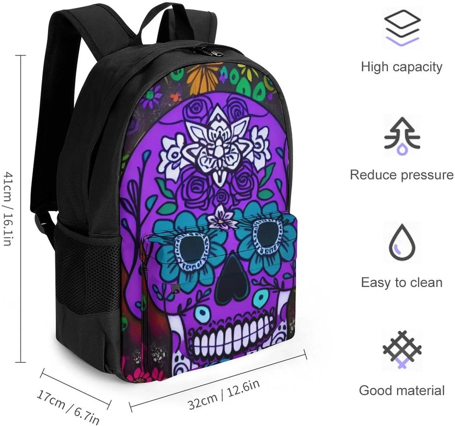 Grunge Mexican Sugar Skulls Day Of The Dead Flowers Art Backpack Polyester Anti-Theft Multipurpose Bookbag Large Capacity Laptop Book Bag Rucksack With Side Pockets