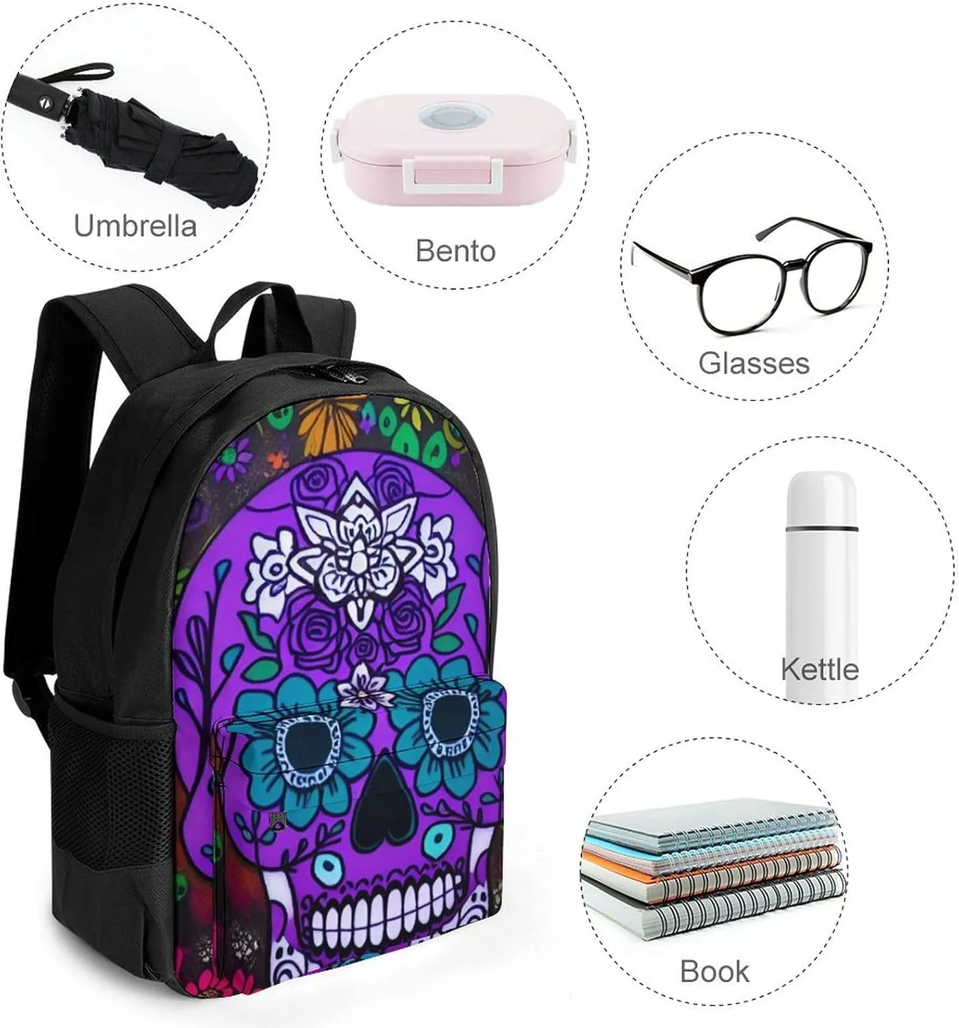 Grunge Mexican Sugar Skulls Day Of The Dead Flowers Art Backpack Polyester Anti-Theft Multipurpose Bookbag Large Capacity Laptop Book Bag Rucksack With Side Pockets