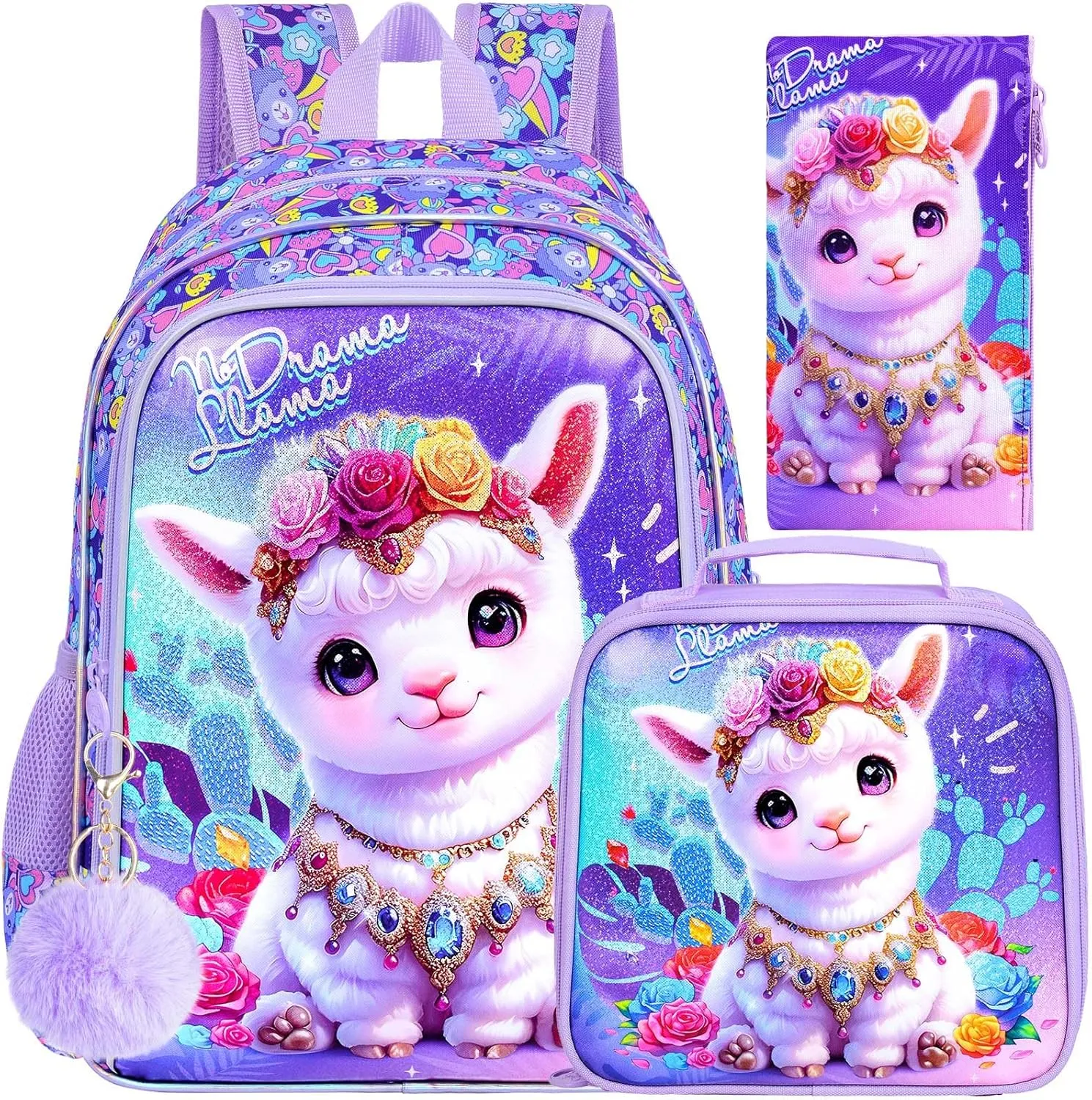gxtvo 3PCS Alpaca Bookbag for Girls, 16" Kids Backpack with Lunch Box, Water Resistant Elementary School Bag for Preschool Toddler