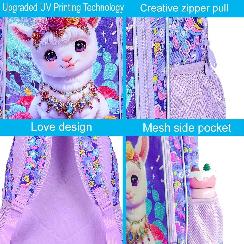 gxtvo 3PCS Alpaca Bookbag for Girls, 16" Kids Backpack with Lunch Box, Water Resistant Elementary School Bag for Preschool Toddler