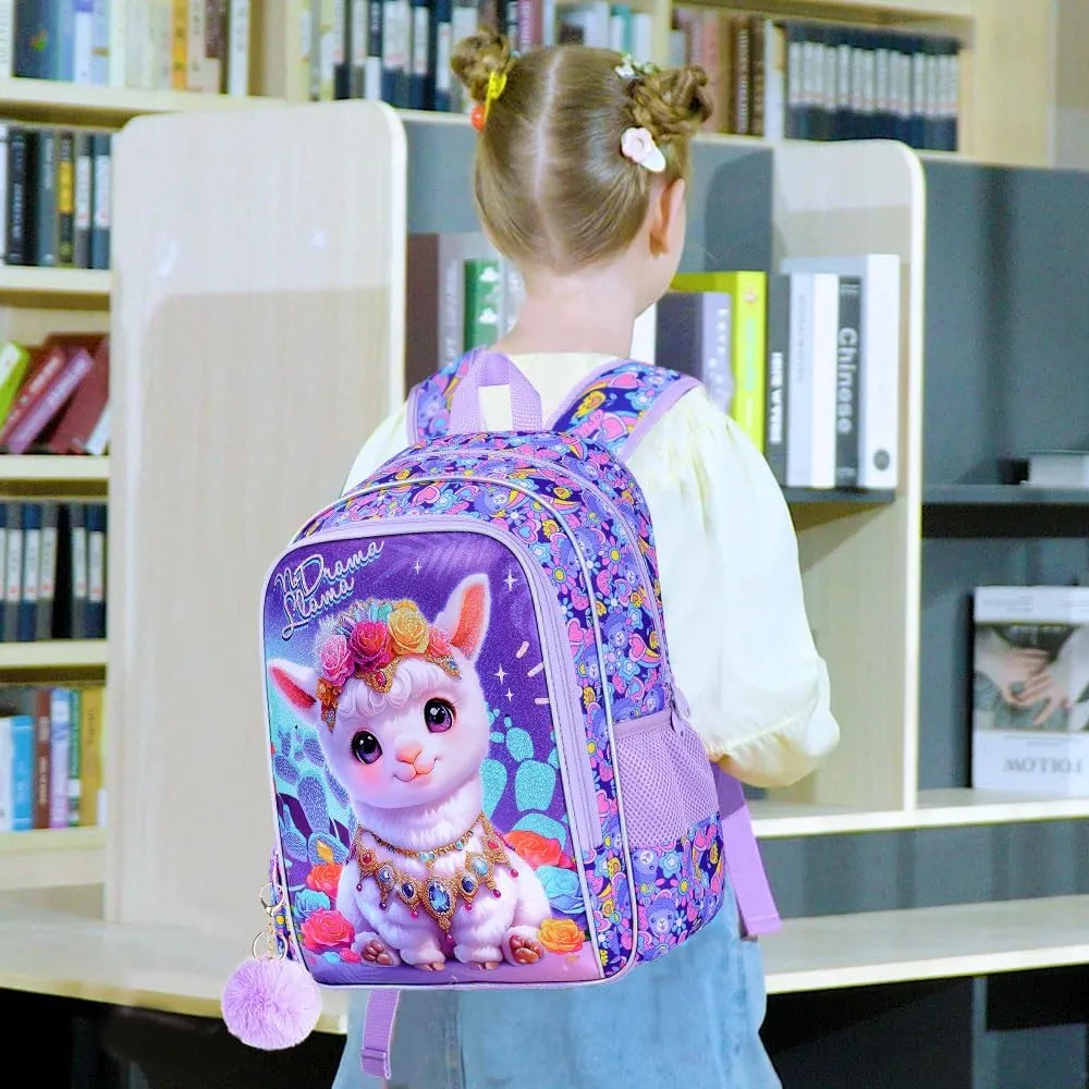 gxtvo 3PCS Alpaca Bookbag for Girls, 16" Kids Backpack with Lunch Box, Water Resistant Elementary School Bag for Preschool Toddler