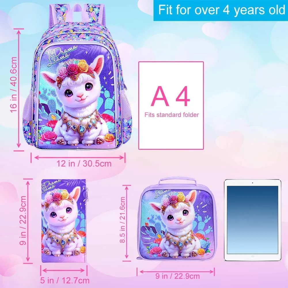 gxtvo 3PCS Alpaca Bookbag for Girls, 16" Kids Backpack with Lunch Box, Water Resistant Elementary School Bag for Preschool Toddler