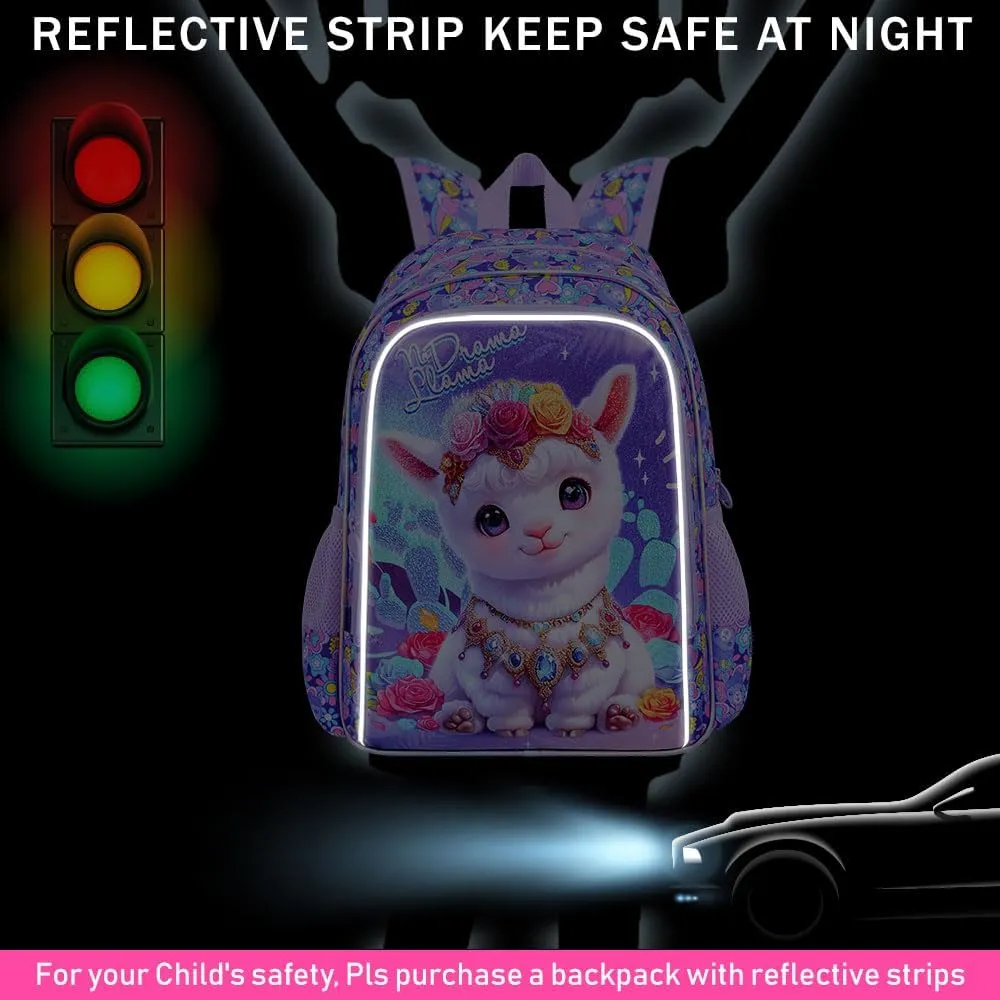 gxtvo 3PCS Alpaca Bookbag for Girls, 16" Kids Backpack with Lunch Box, Water Resistant Elementary School Bag for Preschool Toddler