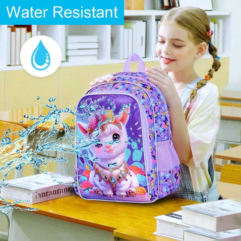 gxtvo 3PCS Alpaca Bookbag for Girls, 16" Kids Backpack with Lunch Box, Water Resistant Elementary School Bag for Preschool Toddler