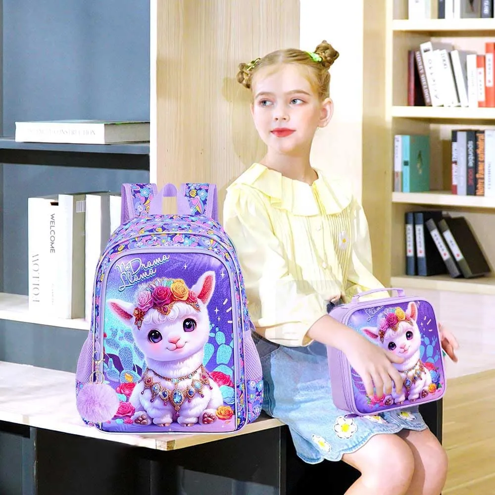 gxtvo 3PCS Alpaca Bookbag for Girls, 16" Kids Backpack with Lunch Box, Water Resistant Elementary School Bag for Preschool Toddler