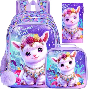 gxtvo 3PCS Alpaca Bookbag for Girls, 16" Kids Backpack with Lunch Box, Water Resistant Elementary School Bag for Preschool Toddler