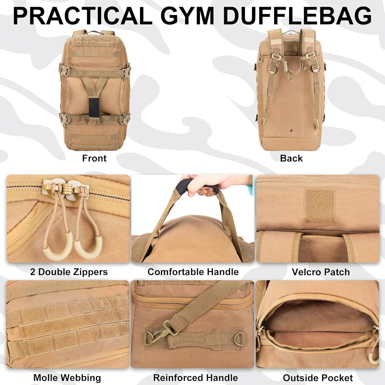 Gym Bag Duffle Bags Backpack Travel Duffle Bag with Weekend Overnight Bag for Outdoor Tactical Sports Travel Camping Hunting (Coyote, 40L)