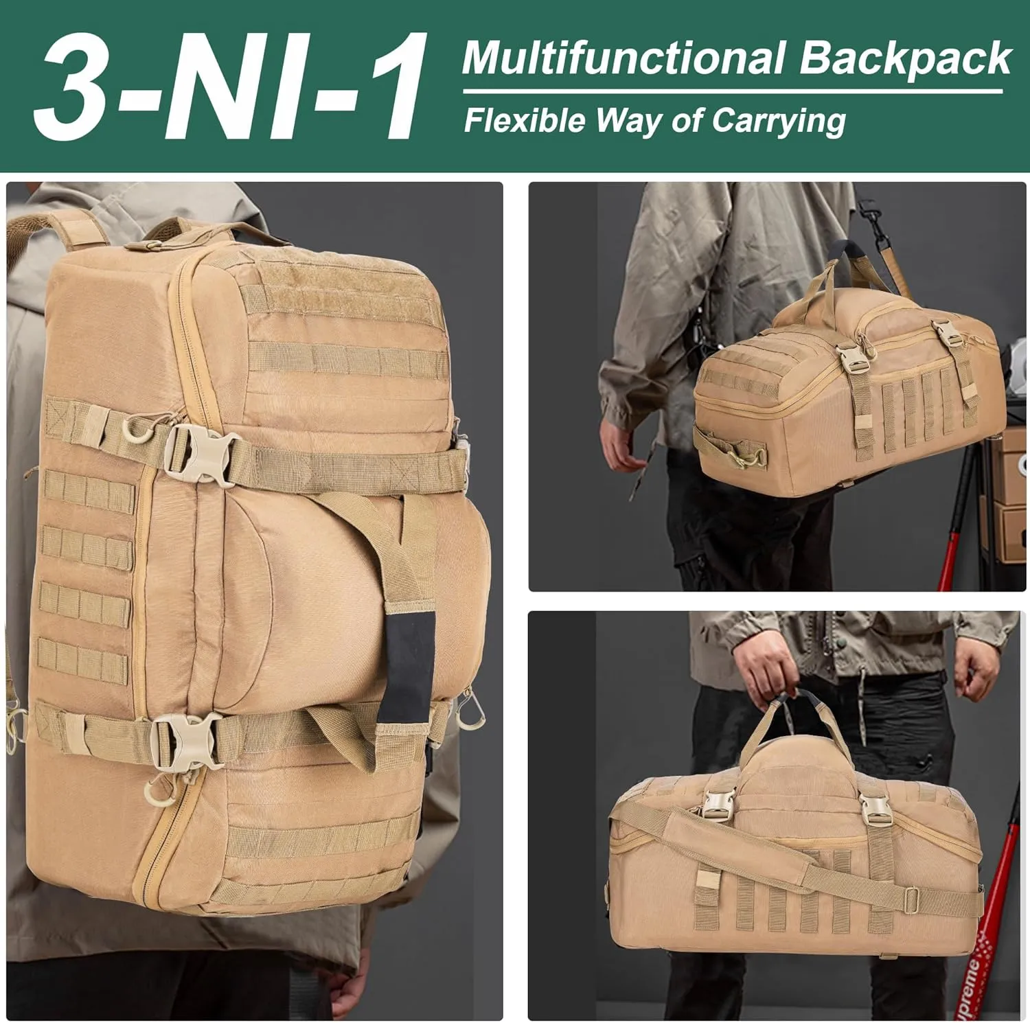 Gym Bag Duffle Bags Backpack Travel Duffle Bag with Weekend Overnight Bag for Outdoor Tactical Sports Travel Camping Hunting (Coyote, 40L)