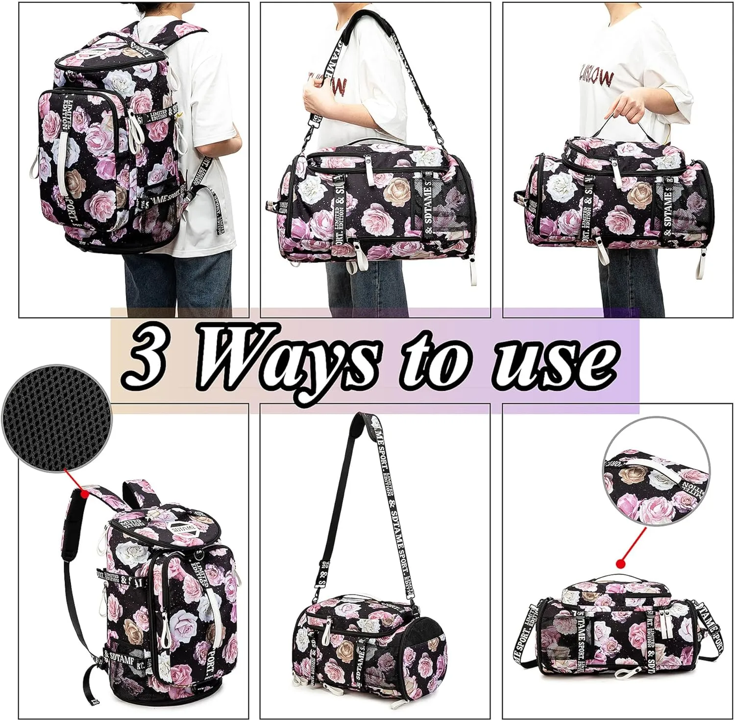 Gym Duffle Bag Backpack with Shoe Compartment,4 ways Travel Backpack for Women and Men,Multi-Functional Weekender bag with Waterproof Layer&Laptop Compartment for Fitness, Travel,Camping