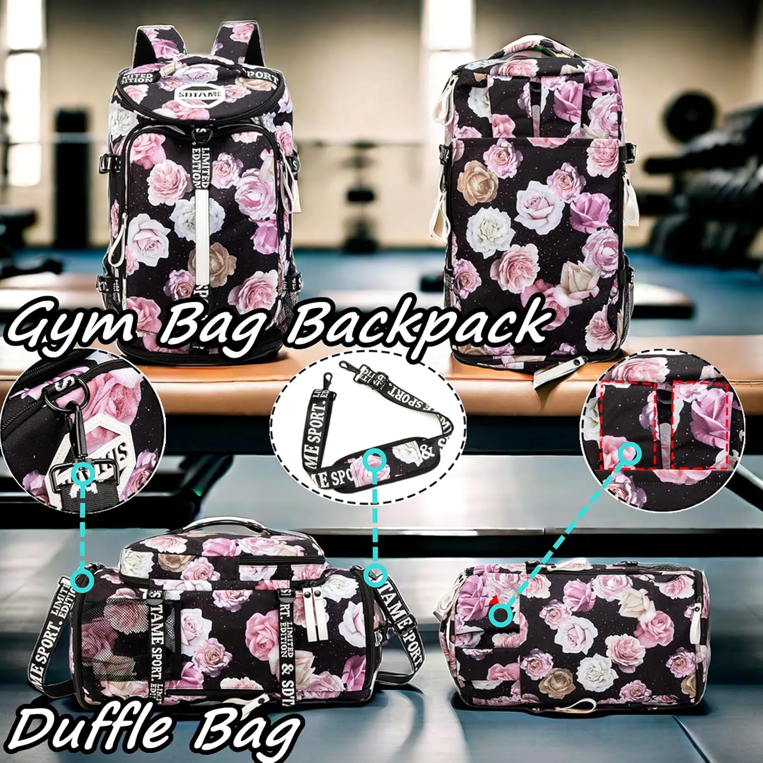 Gym Duffle Bag Backpack with Shoe Compartment,4 ways Travel Backpack for Women and Men,Multi-Functional Weekender bag with Waterproof Layer&Laptop Compartment for Fitness, Travel,Camping
