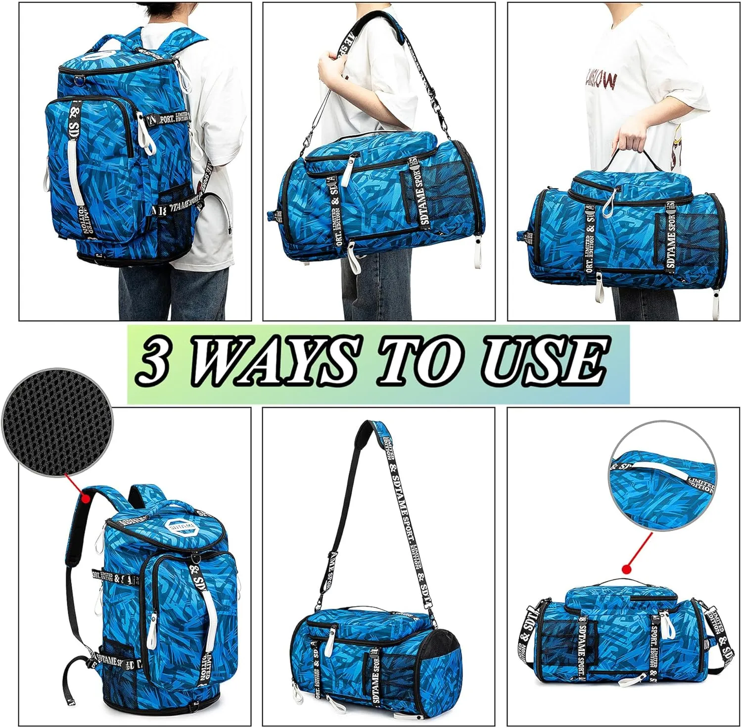 Gym Duffle Bag Backpack with Shoe Compartment,4 ways Travel Backpack for Women and Men,Multi-Functional Weekender bag with Waterproof Layer&Laptop Compartment for Fitness, Travel,Camping