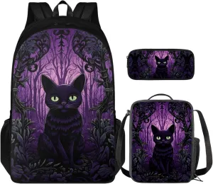 Halloween Ghost Garden Kids Backpack 3-Pcs Set for Girls Boys School Bag,Black Cat Book Bag with Lunch Bag and Pencil Box for Children Daily Daypack for Birthday Gifts