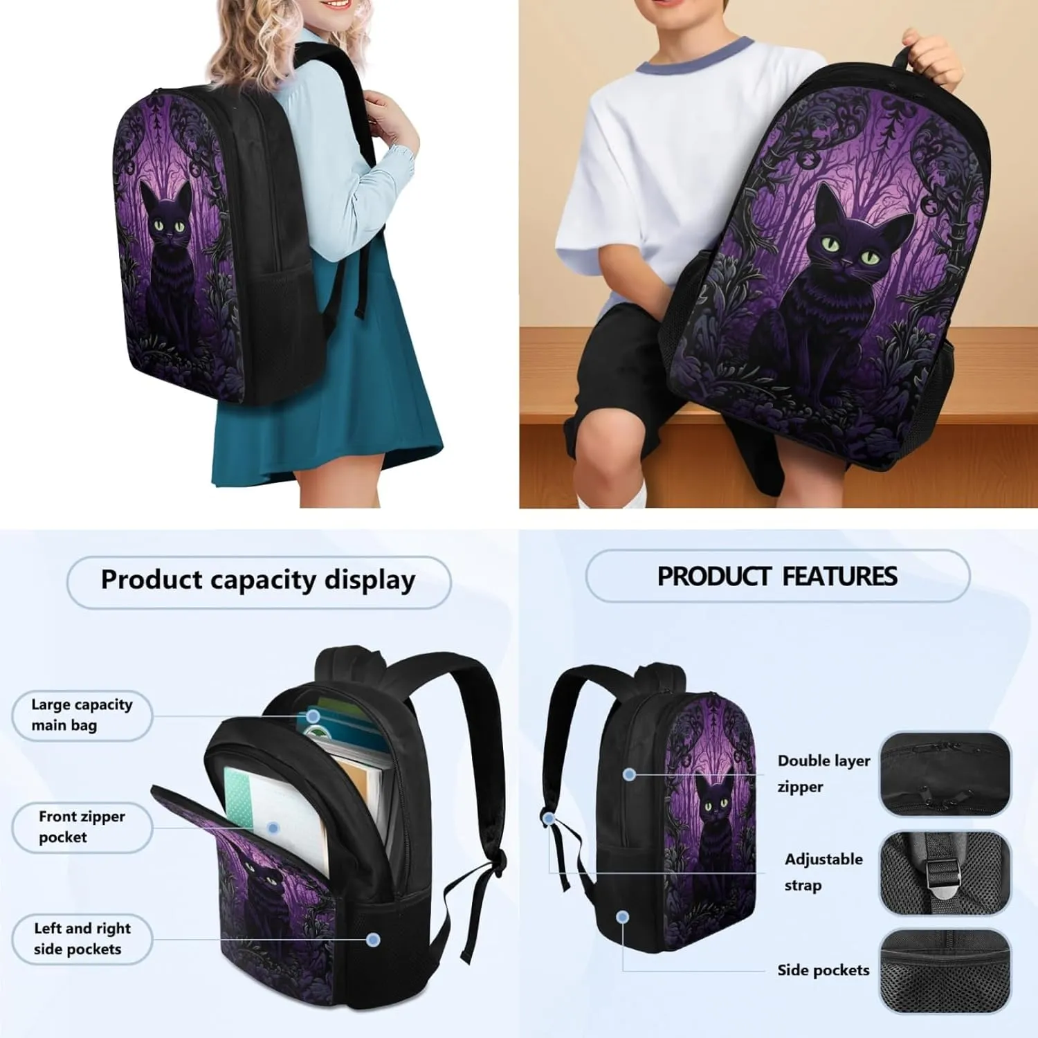 Halloween Ghost Garden Kids Backpack 3-Pcs Set for Girls Boys School Bag,Black Cat Book Bag with Lunch Bag and Pencil Box for Children Daily Daypack for Birthday Gifts