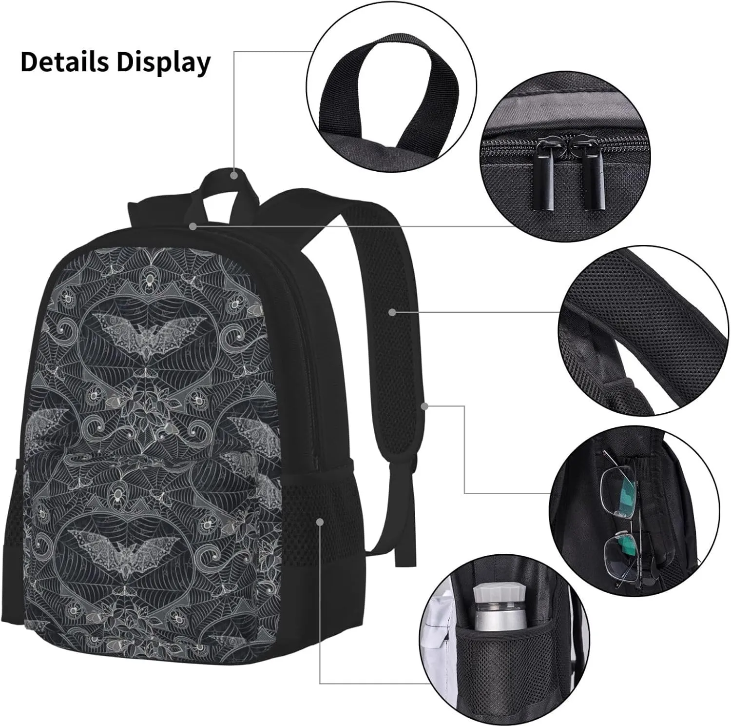 Halloween Gothic Bats Multifunctional Pocket Backpack Crossbody Lunch Bag Pencil Case 3Pcs Set Large Capacity Backpack