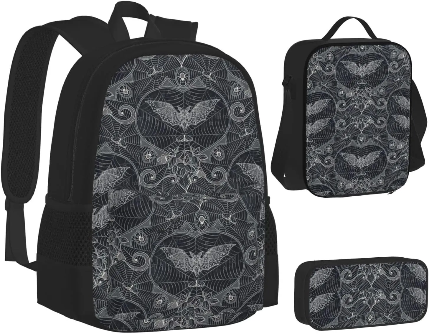 Halloween Gothic Bats Multifunctional Pocket Backpack Crossbody Lunch Bag Pencil Case 3Pcs Set Large Capacity Backpack