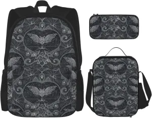 Halloween Gothic Bats Multifunctional Pocket Backpack Crossbody Lunch Bag Pencil Case 3Pcs Set Large Capacity Backpack
