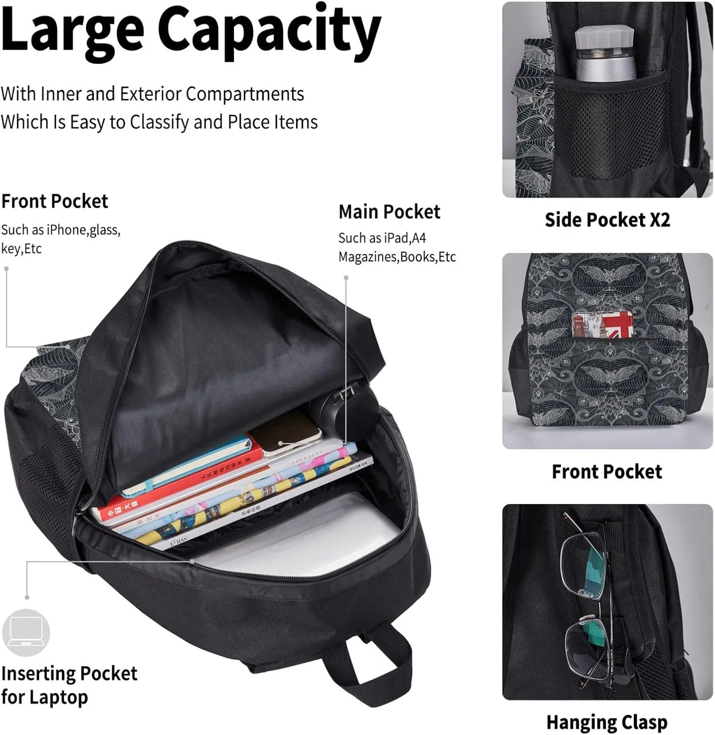 Halloween Gothic Bats Multifunctional Pocket Backpack Crossbody Lunch Bag Pencil Case 3Pcs Set Large Capacity Backpack