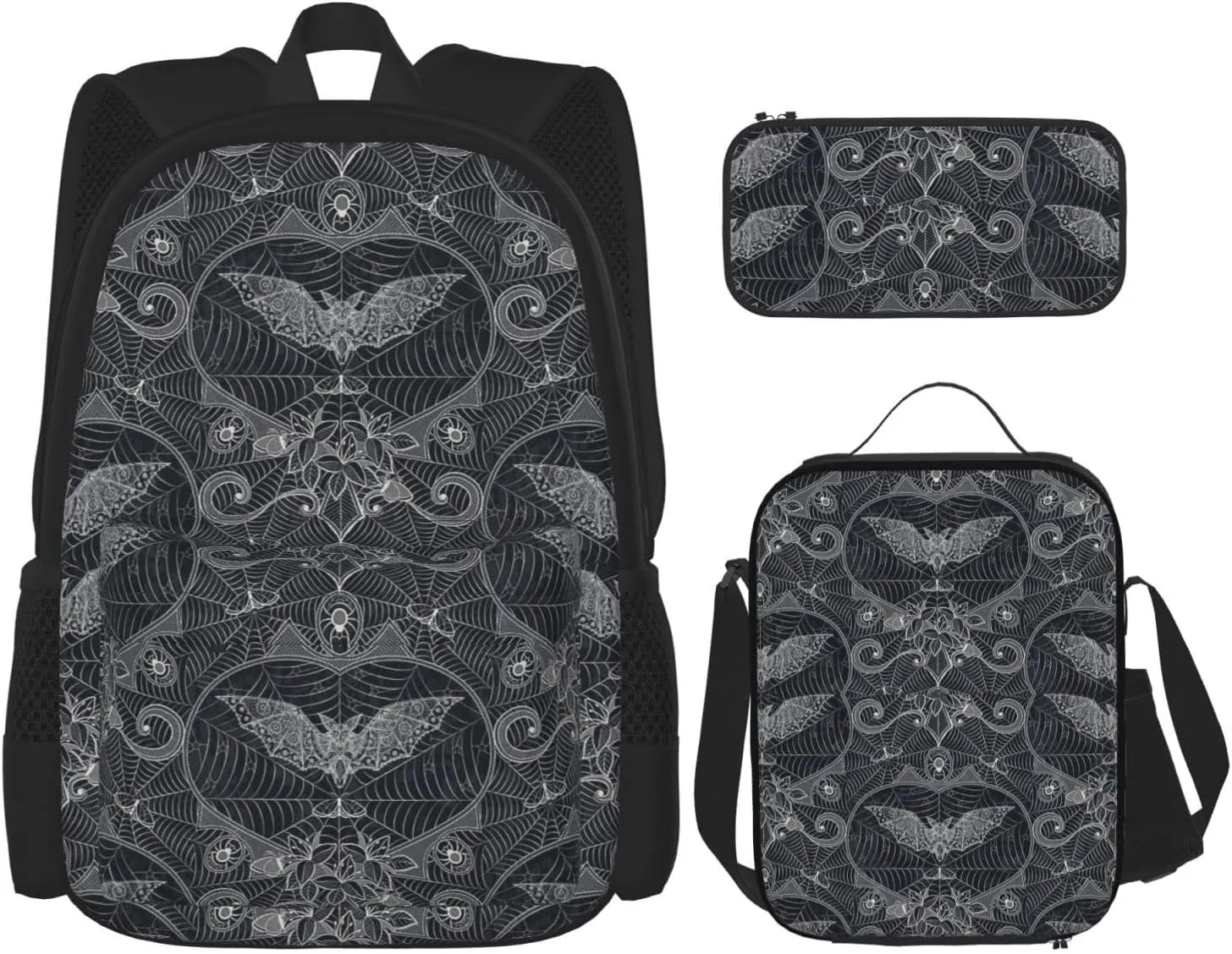 Halloween Gothic Bats Multifunctional Pocket Backpack Crossbody Lunch Bag Pencil Case 3Pcs Set Large Capacity Backpack