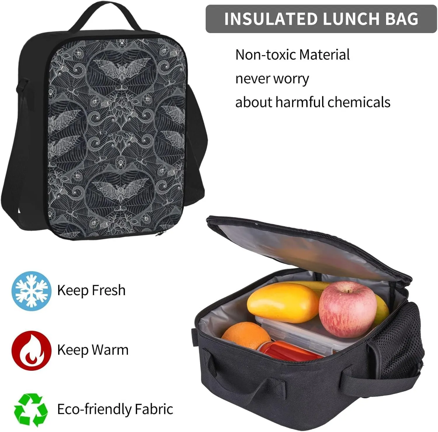 Halloween Gothic Bats Multifunctional Pocket Backpack Crossbody Lunch Bag Pencil Case 3Pcs Set Large Capacity Backpack