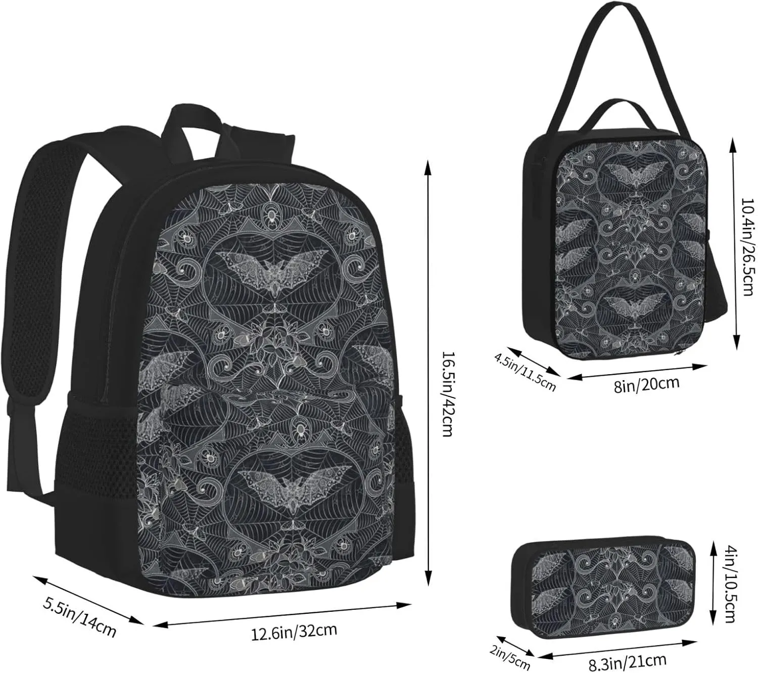 Halloween Gothic Bats Multifunctional Pocket Backpack Crossbody Lunch Bag Pencil Case 3Pcs Set Large Capacity Backpack