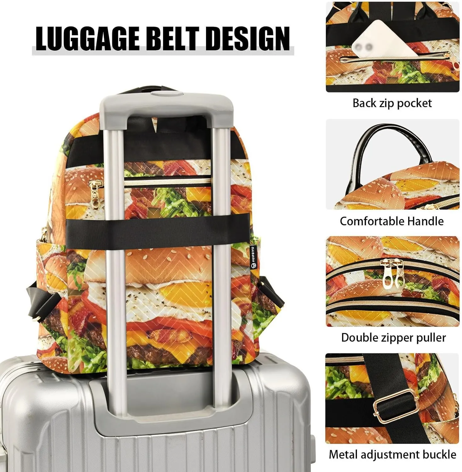 Hamburger Mini Backpack for Women, Travel Backpack Purse Daypack Shoulder Bag for Ladies