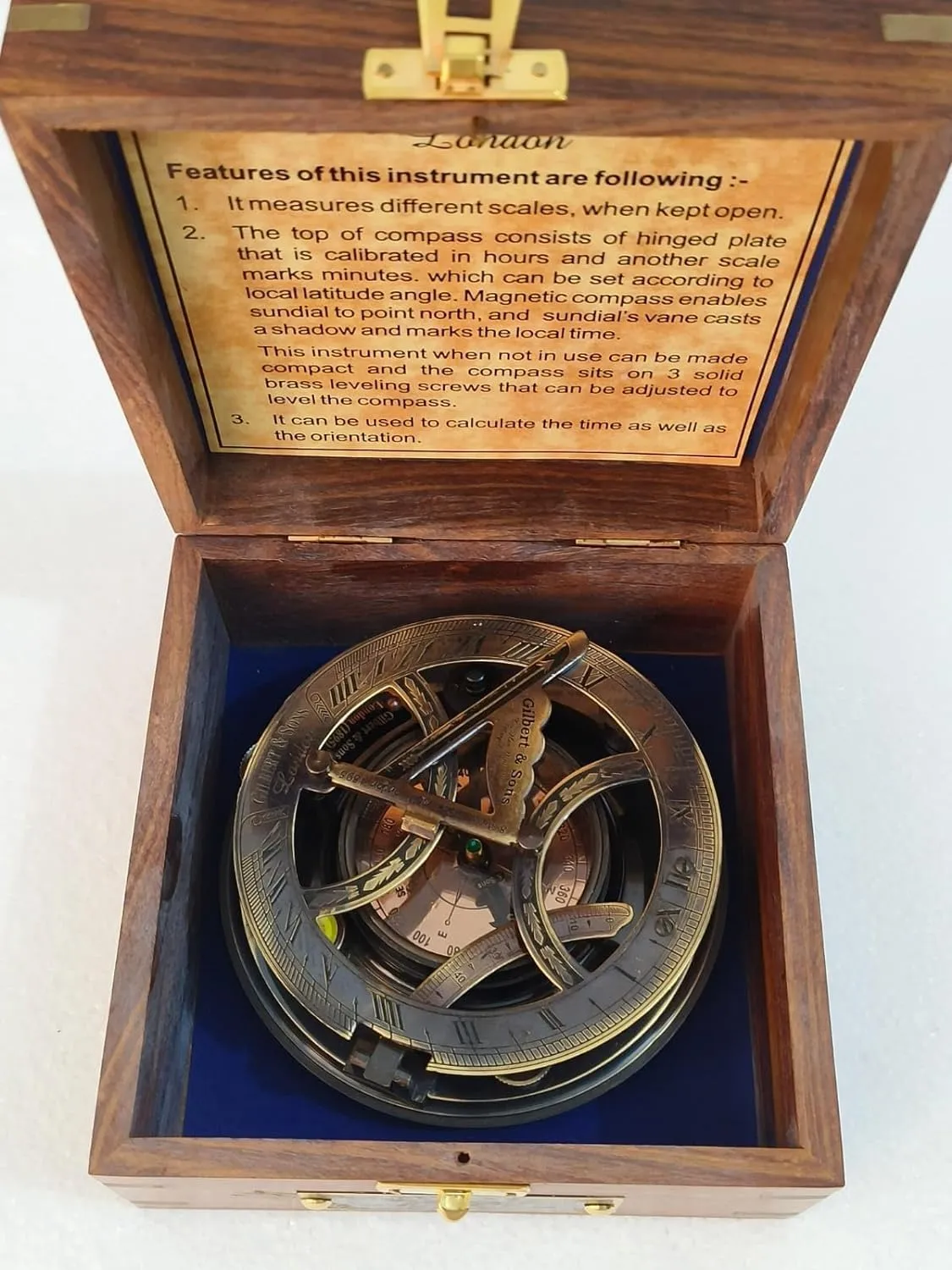 Handicrafted Sundial Compass with Wooden & Leather Case Pocket Compass Vintage Solid Brass Map Reader Maritime Compass for Travelling Camping & Navigation Tool (Gilbert & Sons London (1895) Compass)
