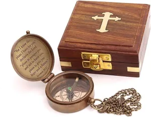 Handicrafted Sundial Compass with Wooden & Leather Case Pocket Compass Vintage Solid Brass Map Reader Maritime Compass for Travelling Camping & Navigation Tool (May Your Faith Engraved)