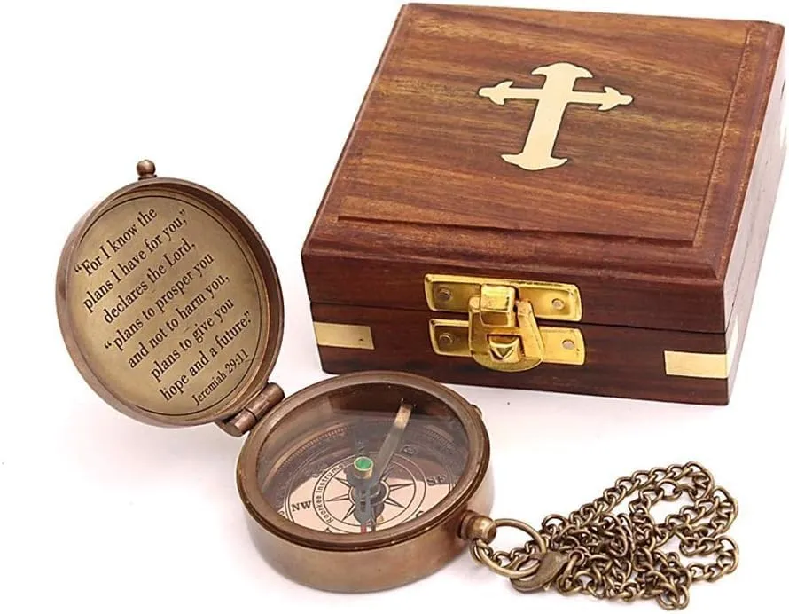 Handicrafted Sundial Compass with Wooden & Leather Case Pocket Compass Vintage Solid Brass Map Reader Maritime Compass for Travelling Camping & Navigation Tool (May Your Faith Engraved)