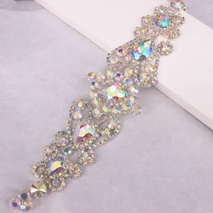Handmade Crystal Applique Sew On Rhinestone Applique Trim Embellishment for Girls Women Garment DIY (Silver AB)