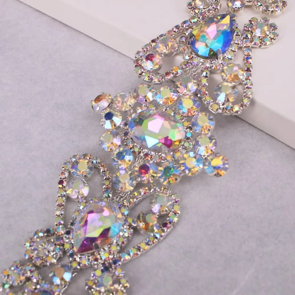 Handmade Crystal Applique Sew On Rhinestone Applique Trim Embellishment for Girls Women Garment DIY (Silver AB)