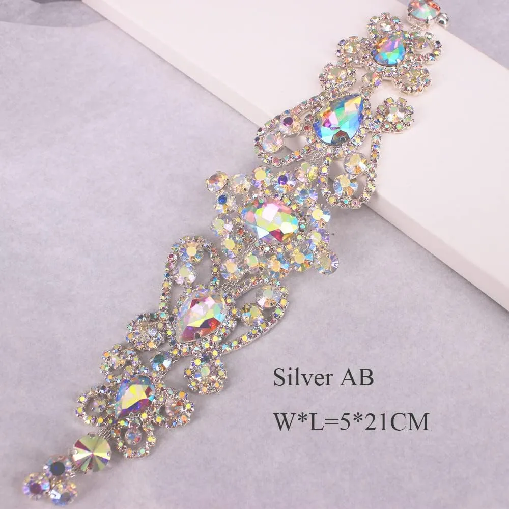 Handmade Crystal Applique Sew On Rhinestone Applique Trim Embellishment for Girls Women Garment DIY (Silver AB)