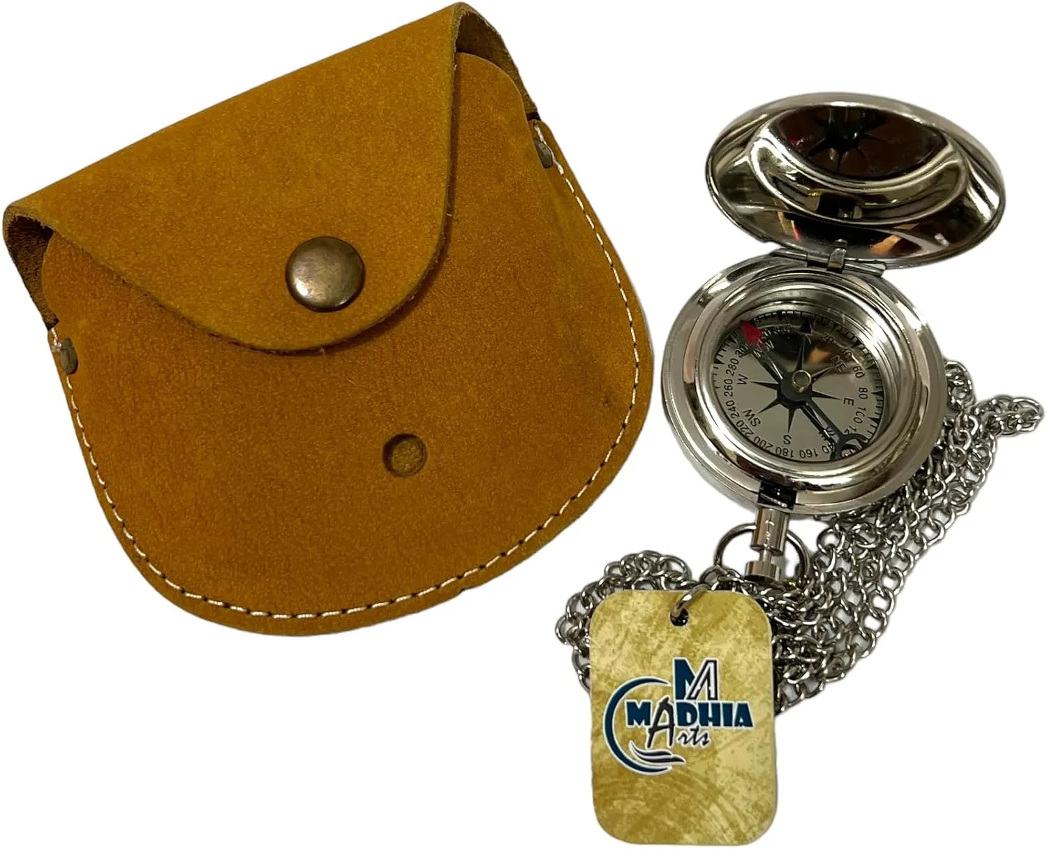 Handmade Nautical Solid Brass Push Button Compass on Chain with Leather Case Functional Marine Compass for Hiking Survival, Chrome Finish, 2.25 Inches in Diameter