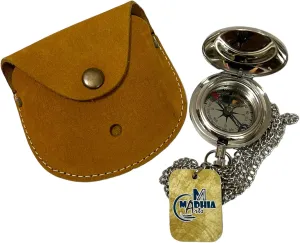 Handmade Nautical Solid Brass Push Button Compass on Chain with Leather Case Functional Marine Compass for Hiking Survival, Chrome Finish, 2.25 Inches in Diameter