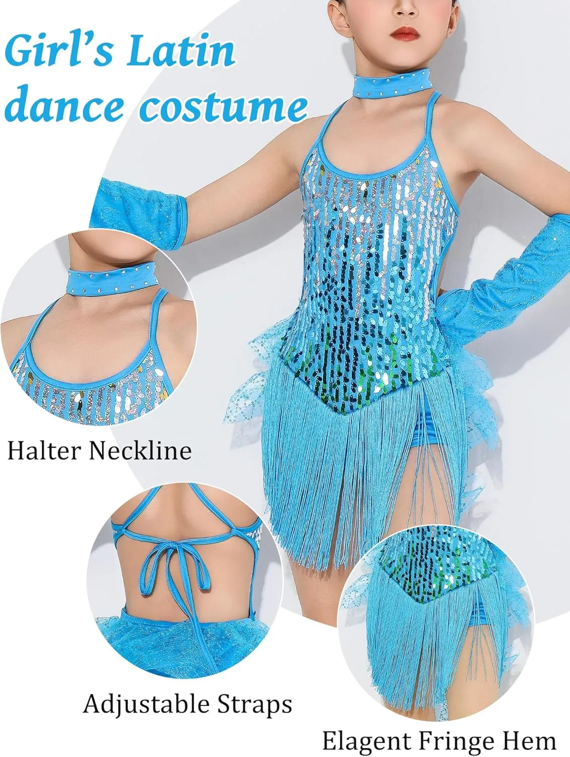 Happy Cherry Girls Sequin Dance Dress Costume with Choker and Gloves Fringe Latin Dresses Spaghetti Strap Tassel Outfit
