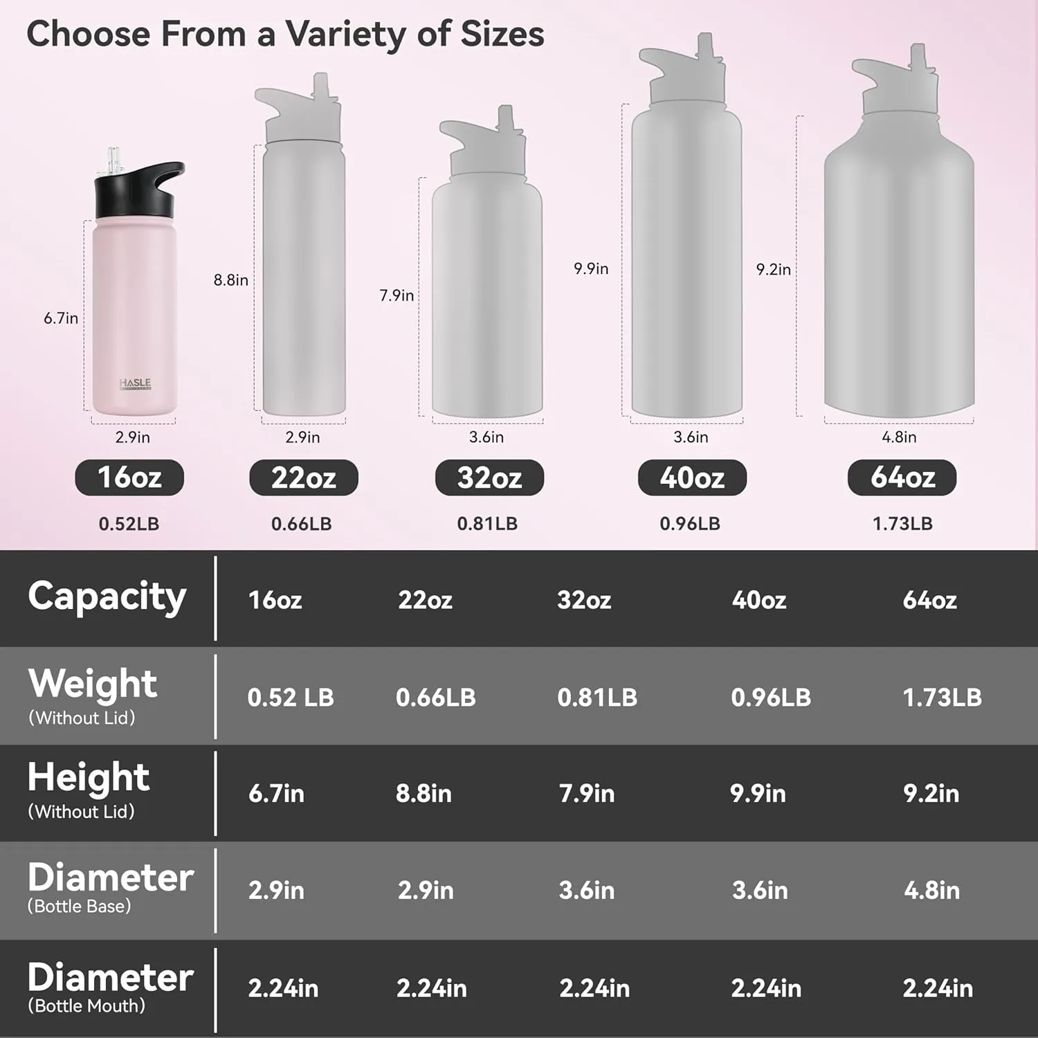 HASLE OUTFITTERS Insulated Water Bottle 16 oz Double Wall Vacuum Stainless Steel Water Bottle Leak Proof for School Wide Mouth with Straw Lid & Spout Lid Keeps Cold and Hot(Pink,8pack)