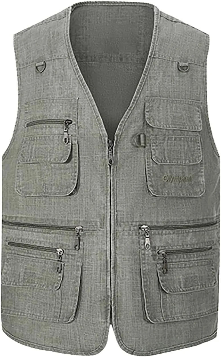 Hbufnha Men's Casual Safari Travel Vest 16 Pockets Outdoor Work Vest Sleeveless Jacket Fishing Hiking Photograph
