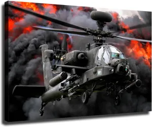 HD canvas print- AH-64 Apache Attack Helicopter US Army Aircraft Military Retro Photography Picture Aviation poster wall art creative decoration suitable for living room office kitchen home decoration (16x24inch-Farmed)