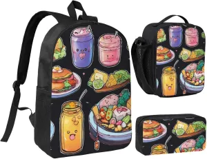 Healthy Food print Backpack Set Casual Shoulder Bag Lunch Bag Pen Pouch 3 in 1 Set 17inch for Women Men College