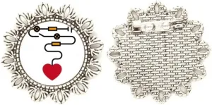 Heart Circuit Power Switch Silver Flower Brooch Hook Pin Breastpin